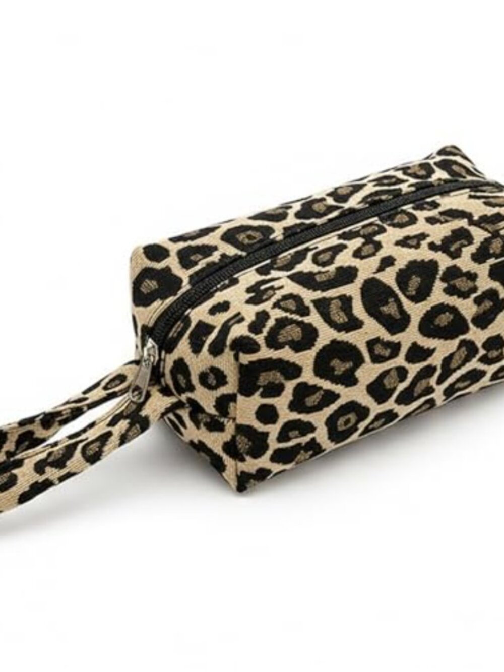 Leopard Print Canvas Pencil Case Makeup Travel Pouch Wrist Strap